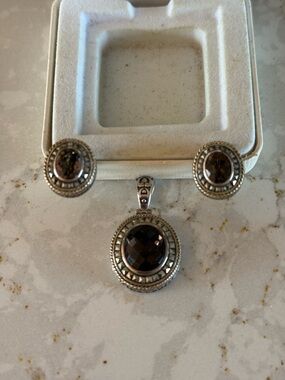 STERLING SILVER 925 TJM SMOKEY QUARTZ MARCASITE PENDANT & EARINGS
